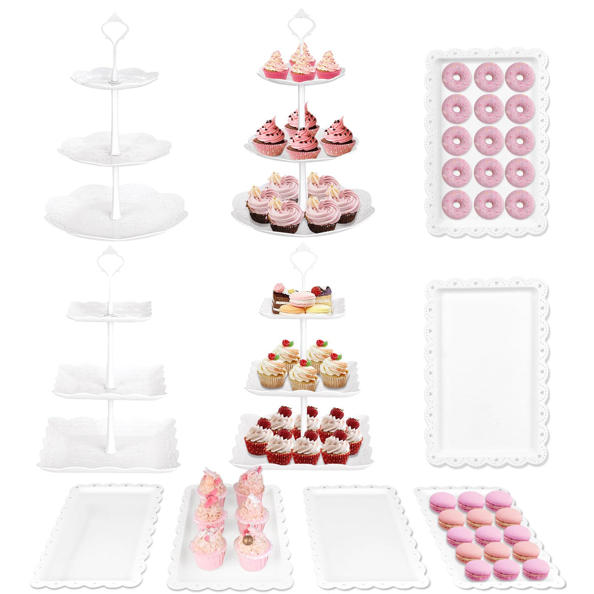 10Pcs Cupcake Stand, Dessert Table Display Set, 4 White 3 Tired Cake Stand 6 Plastic Serving Trays for Party Cookie