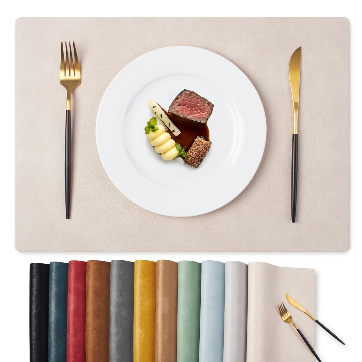Vinyl Faux Leather Placemats, Set of 8, Beige
