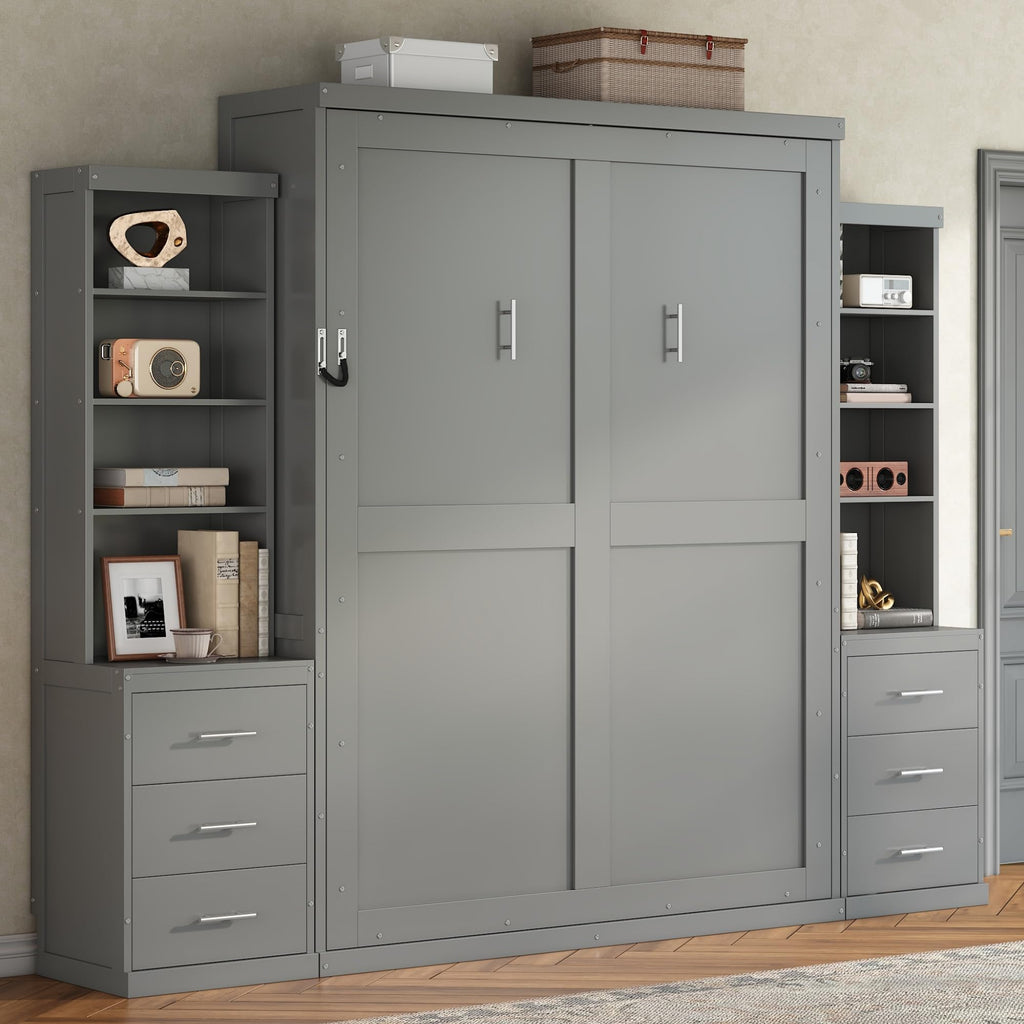 Queen Murphy Bed with Storage Shelves and Drawers, Solid Wood Foldable Hidden Vertical Murphy Wall Bed with Storage