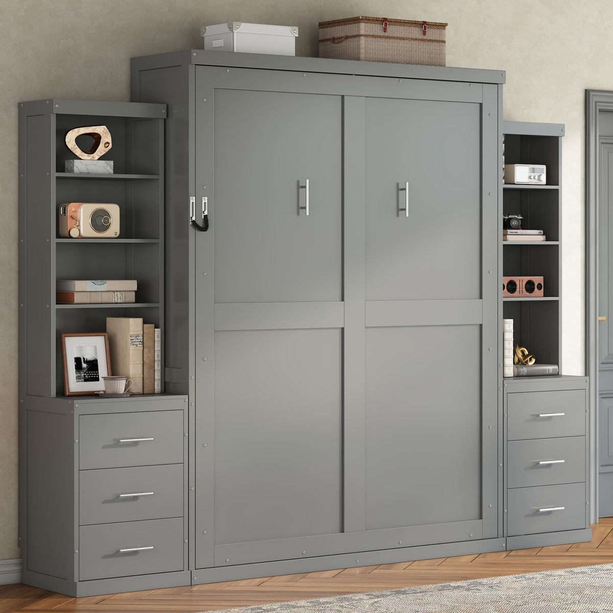 Queen Murphy Bed with Storage Shelves and Drawers, Solid Wood Foldable Hidden Vertical Murphy Wall Bed with Storage