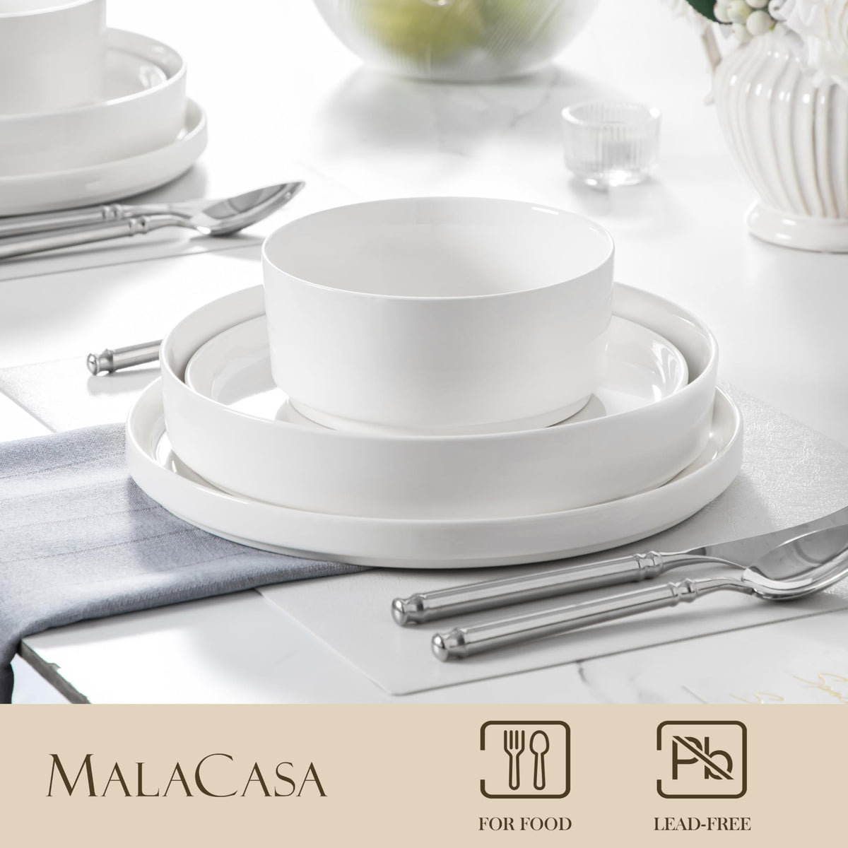 24 Pieces Porcelain Dinnerware Set, Modern White Dish Set for 6, Premium Serving Plates and Bowls Sets, Chip and