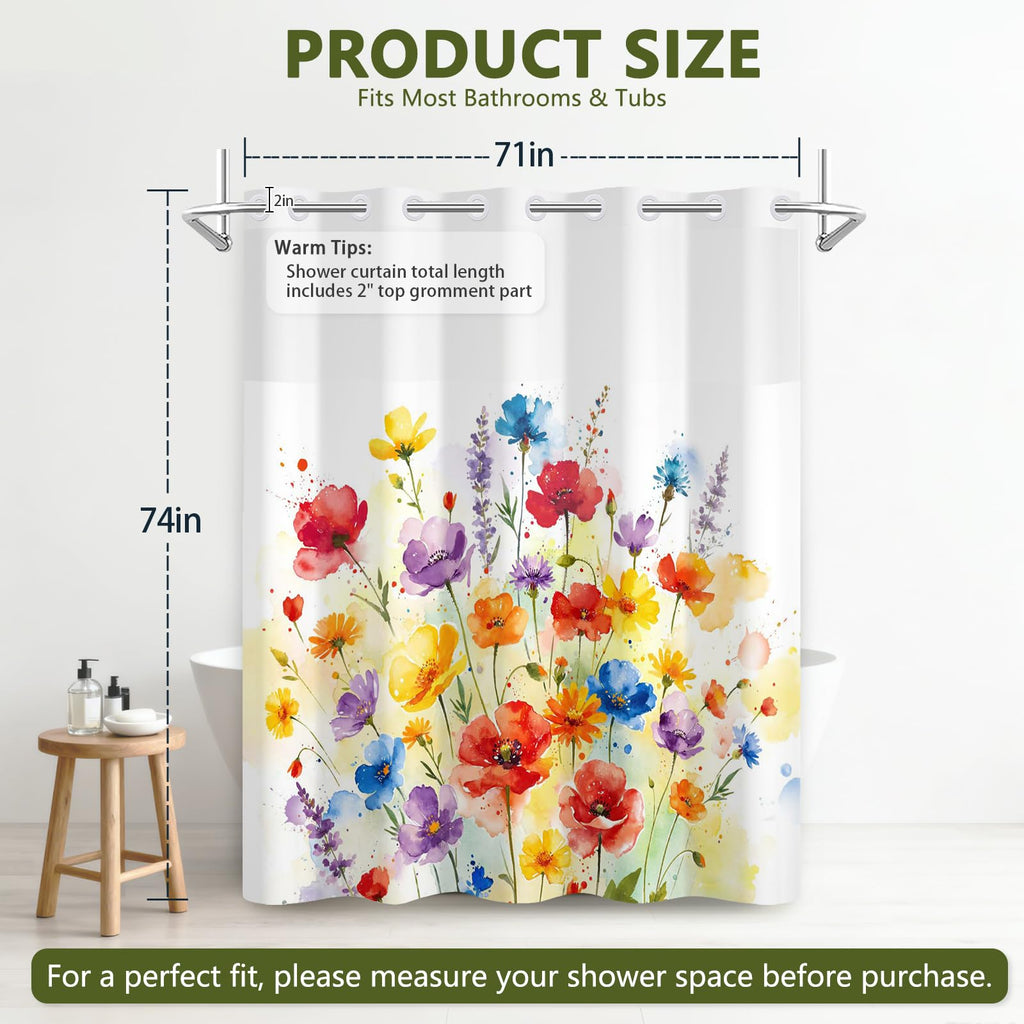 Farmhouse Watercolor Floral No Hook and Liner, 71"W x 74"L