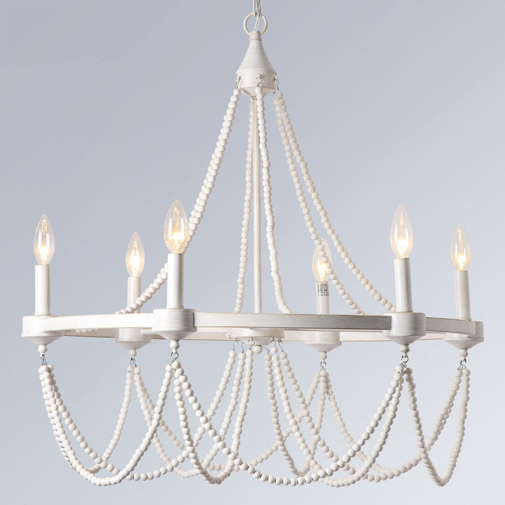28 Inch White Beaded Chandelier Light Fixture Boho Farmhouse Style