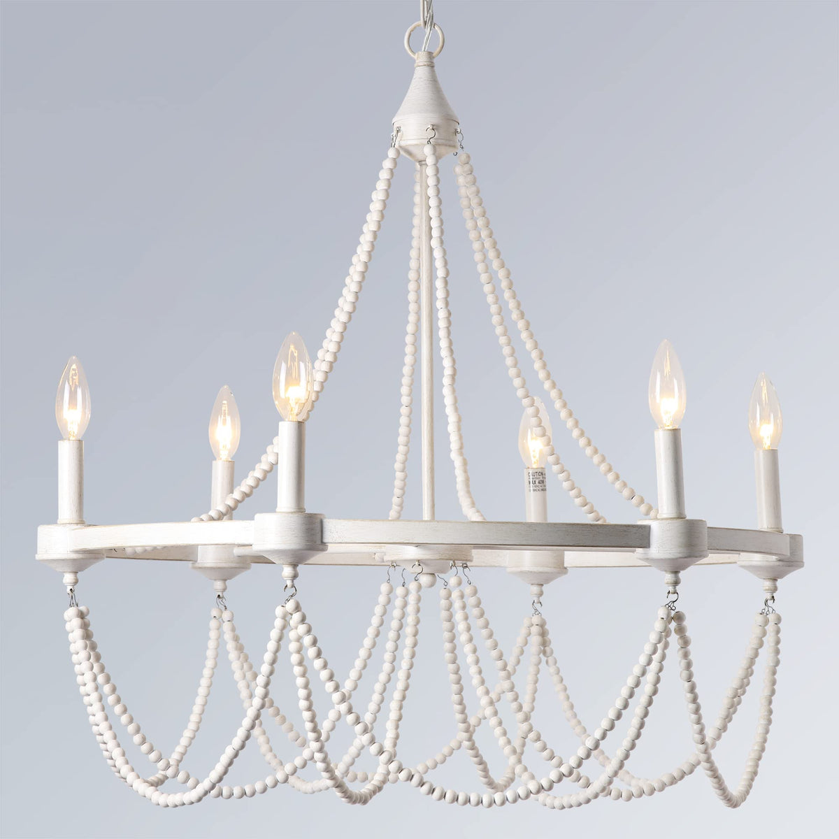 28 Inch White Beaded Chandelier Light Fixture Boho Farmhouse Style