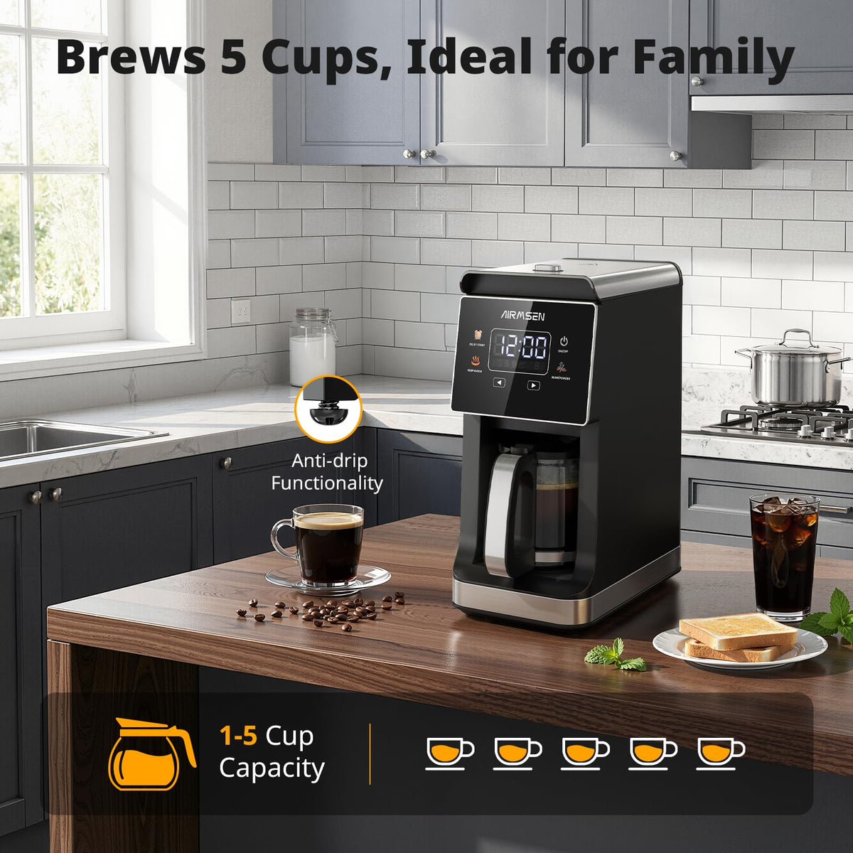 Coffee Maker with Grinder, 5-Cup Grind and Brew, Programmable