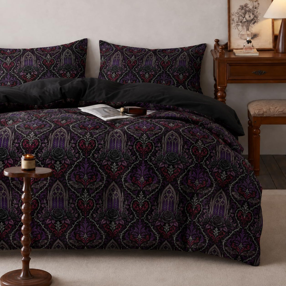 Victorian Gothic Comforter Set King, Black Rose Bedding
