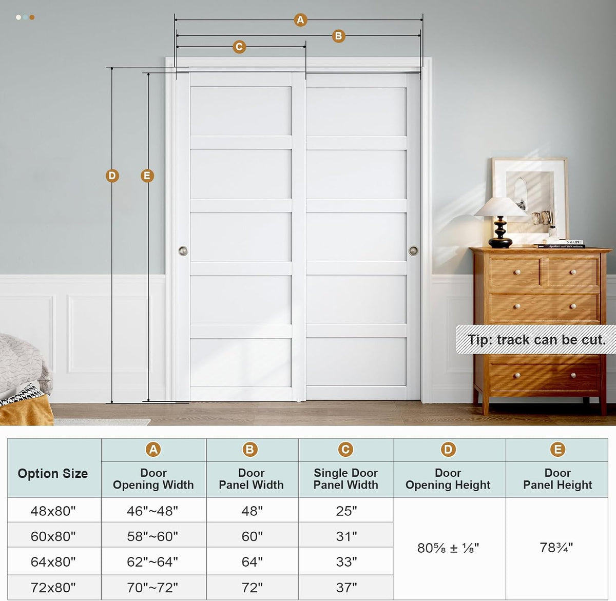 Sliding Closet Door 72"×80" (Double 37"), 5 Panels Bypass Barn Doors with Hardware Track Kit Included for Bedrooms