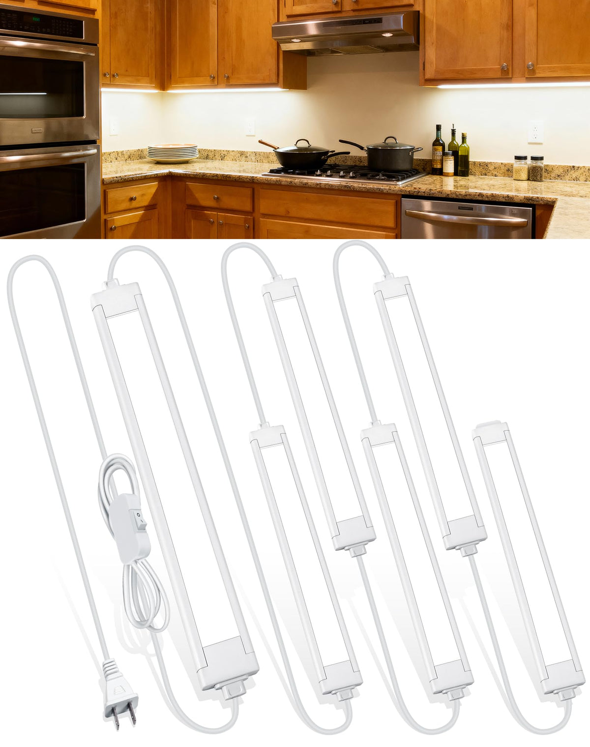 6 Pcs 14inch Plug in Under Cabinet Lighting, 6500k Bright White Linkable LED Under Counter Wired Lights