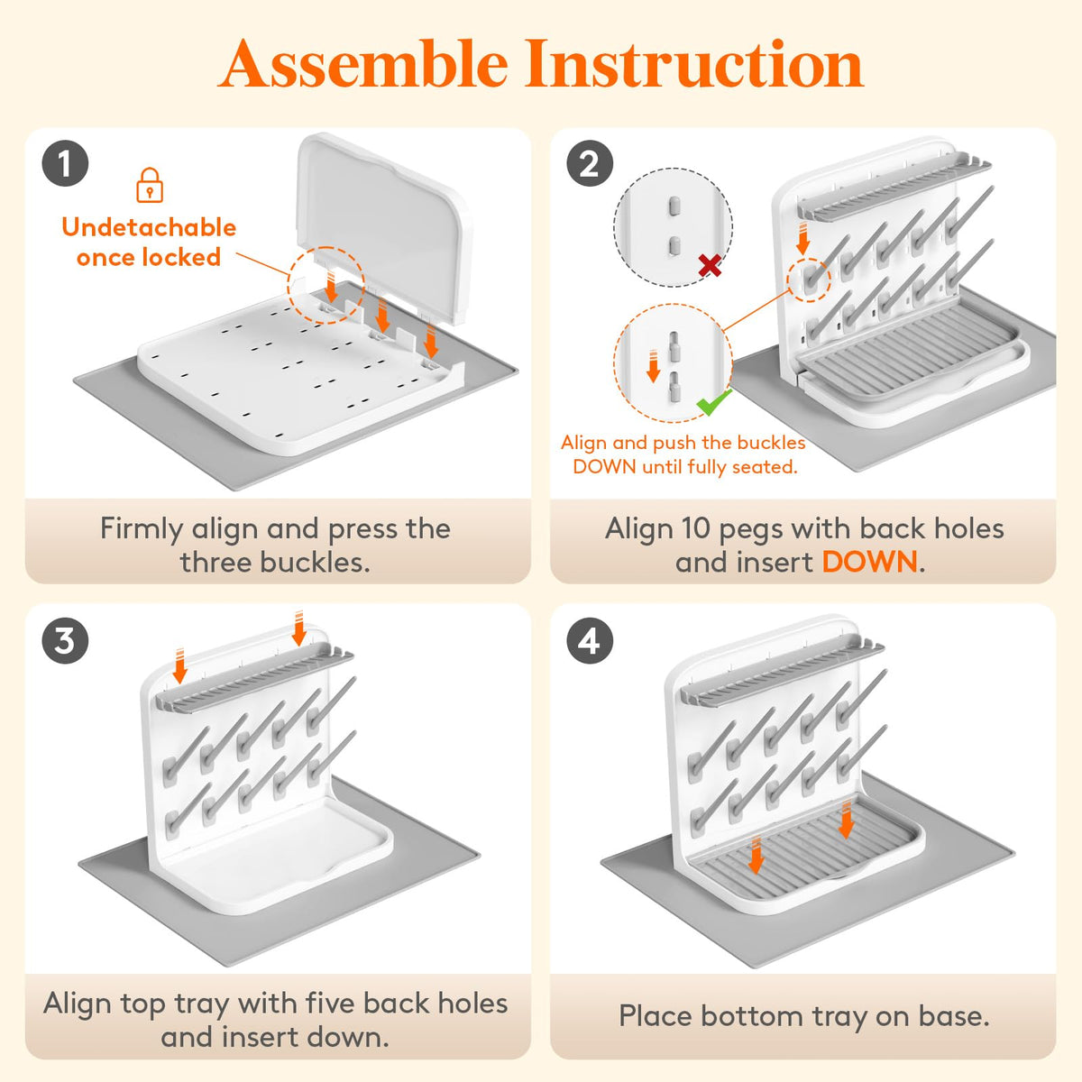 10-Hooks Baby Bottle Drying Rack with Drain Mat for Countertop
