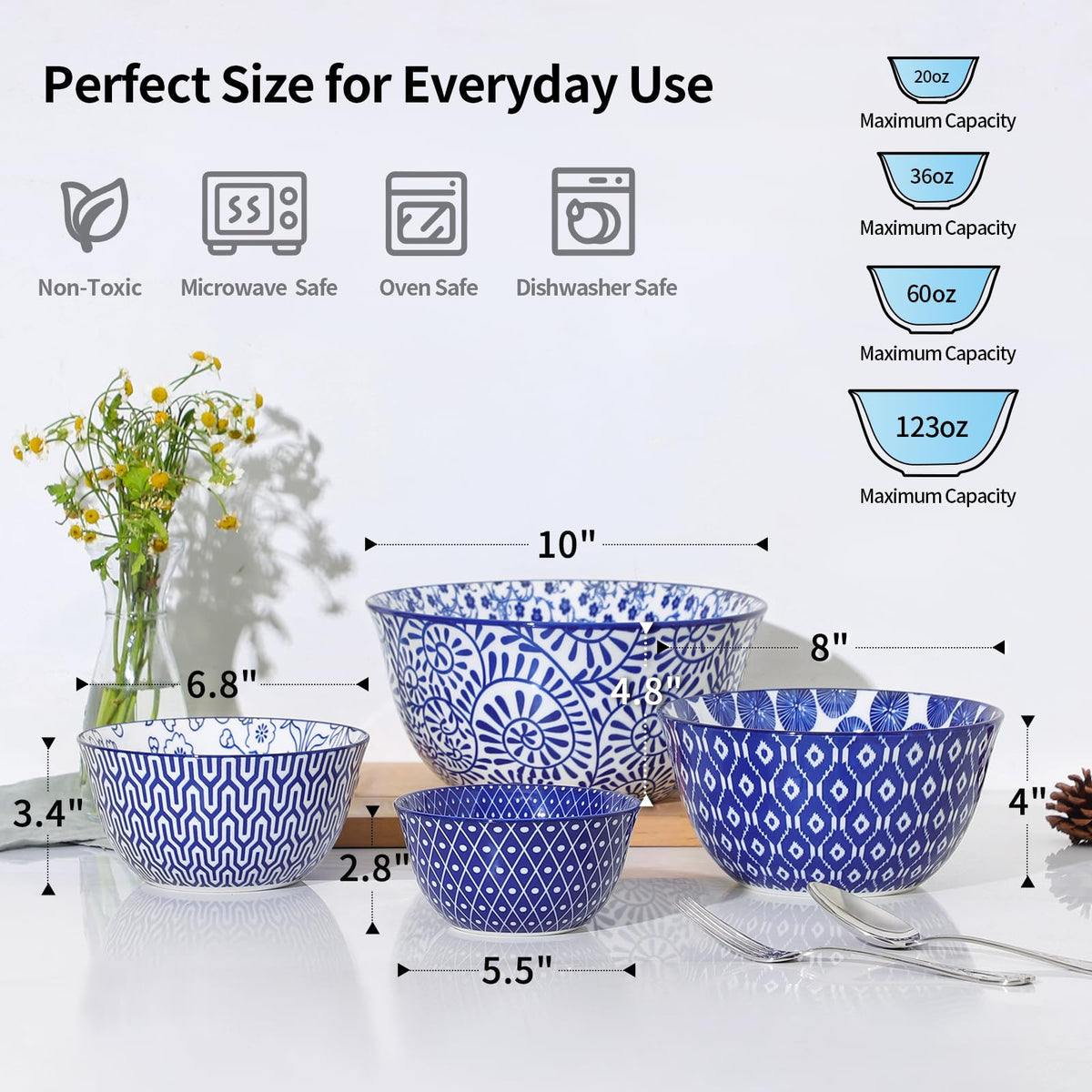 Ceramic Mixing Bowls Set of 4, 20/36/60/123 oz, Vintage Blue