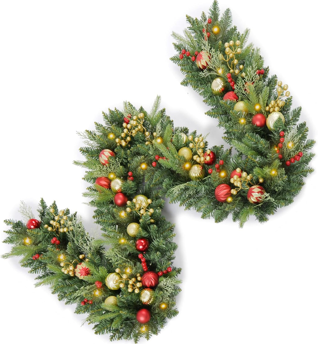 9FT Artificial Christmas Prelit Garland with 50 White Light, Pulg , Pine Cones, Gold and Red Ball, Red Berris
