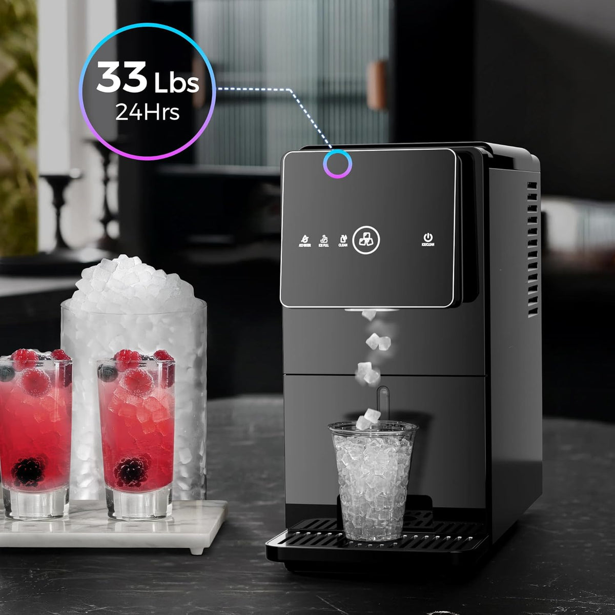Countertop Nugget Ice Maker, 33LBS/24H, Soft Chewable Ice, One-Click, One-Touch Automatic Ice Dispensing