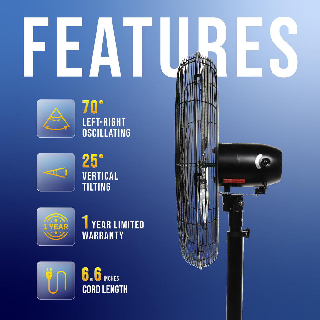 24 Inch High Velocity Oscillating Metal Pedestal Fan Commercial, Industrial Use 3 Speed 7600 CFM 1/4 HP 6.6 FT Cord