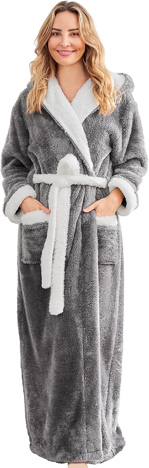 Long Robes For Women Floor Length, Fluffy Fleece Warm Cozy Hooded Bathrobe Plush Luxury Plus Size Winter Housecoat