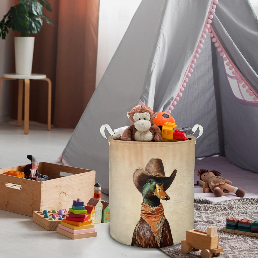 Cowboy Mallard Duck Western Laundry Basket, Rustic Vintage Cowboy Hat Mallard Duck Foldable Laundry Hamper With