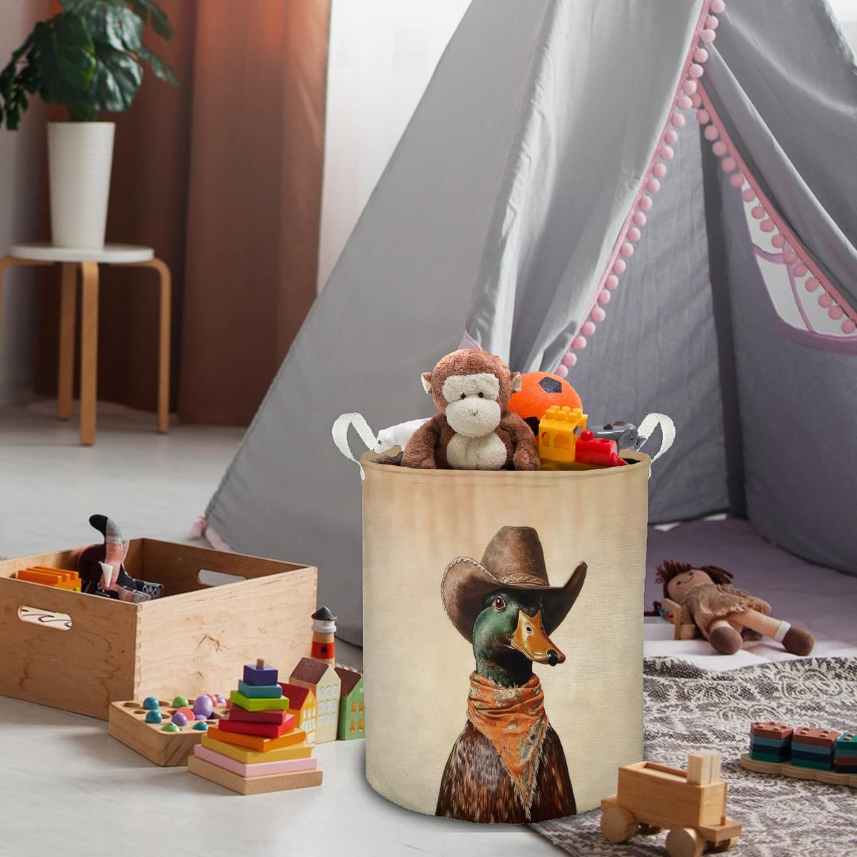 Cowboy Mallard Duck Western Laundry Basket, Rustic Vintage Cowboy Hat Mallard Duck Foldable Laundry Hamper With