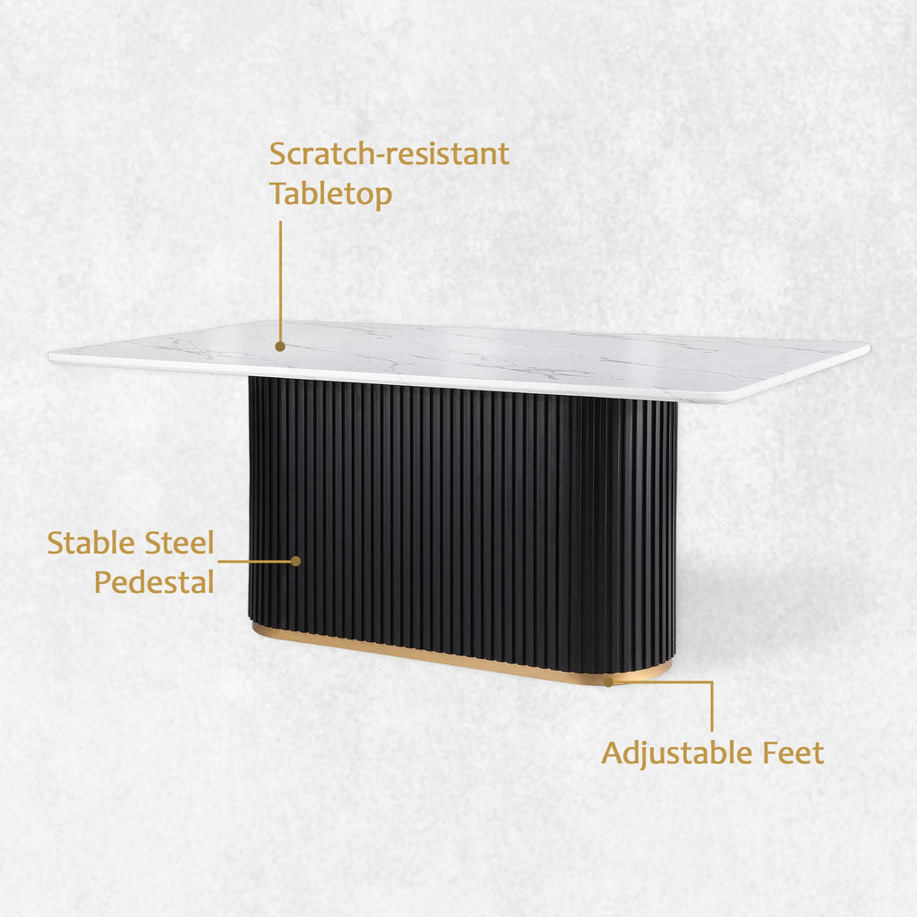 Marble Dining Table Set for 6, 70" Kitchen Table with White Rectangle Top and Black Fluted Base, 6 Modern Upholstered