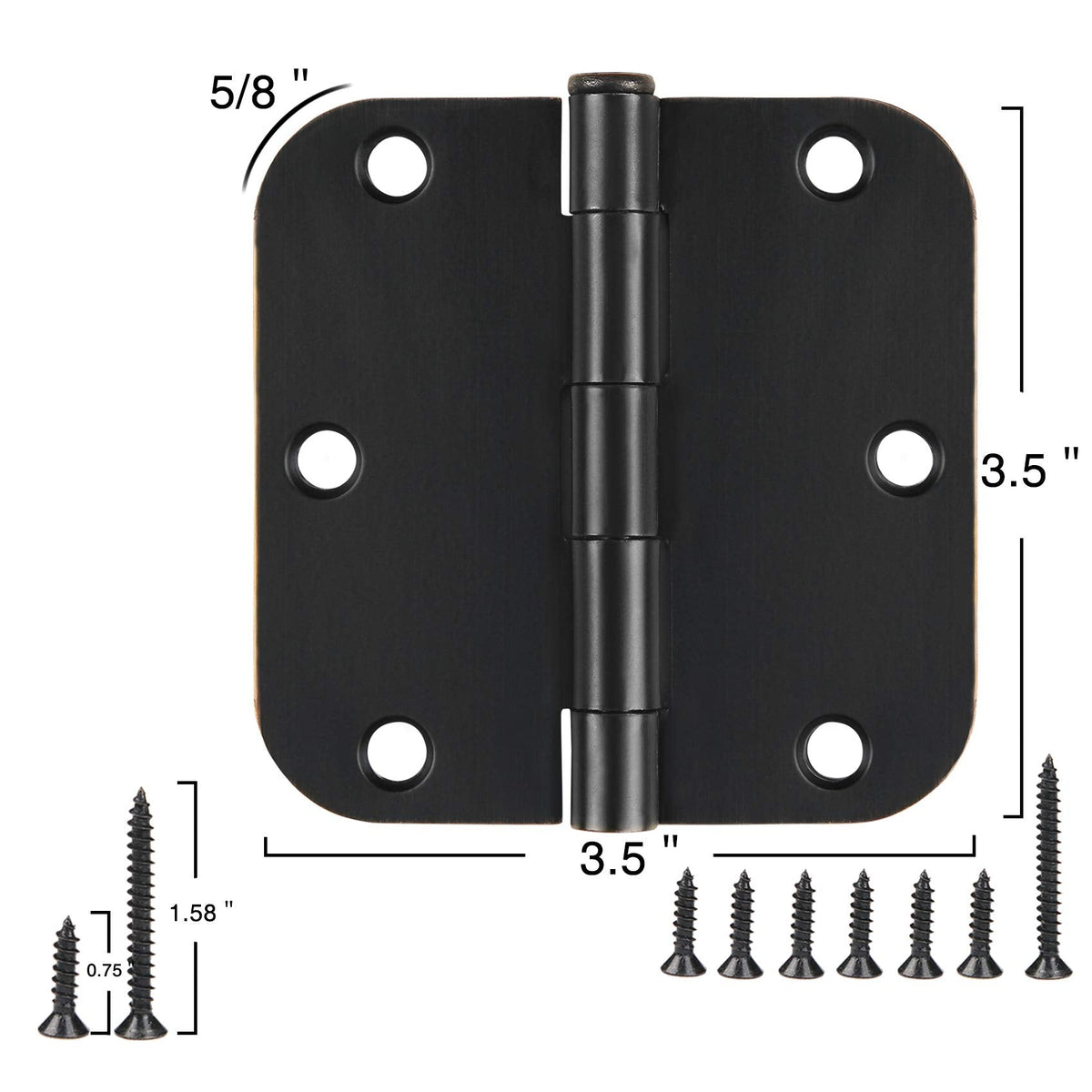 12 Pack Rounded Matte Black Door Hinges 3.5 Inch with 5/8" Radius Corners