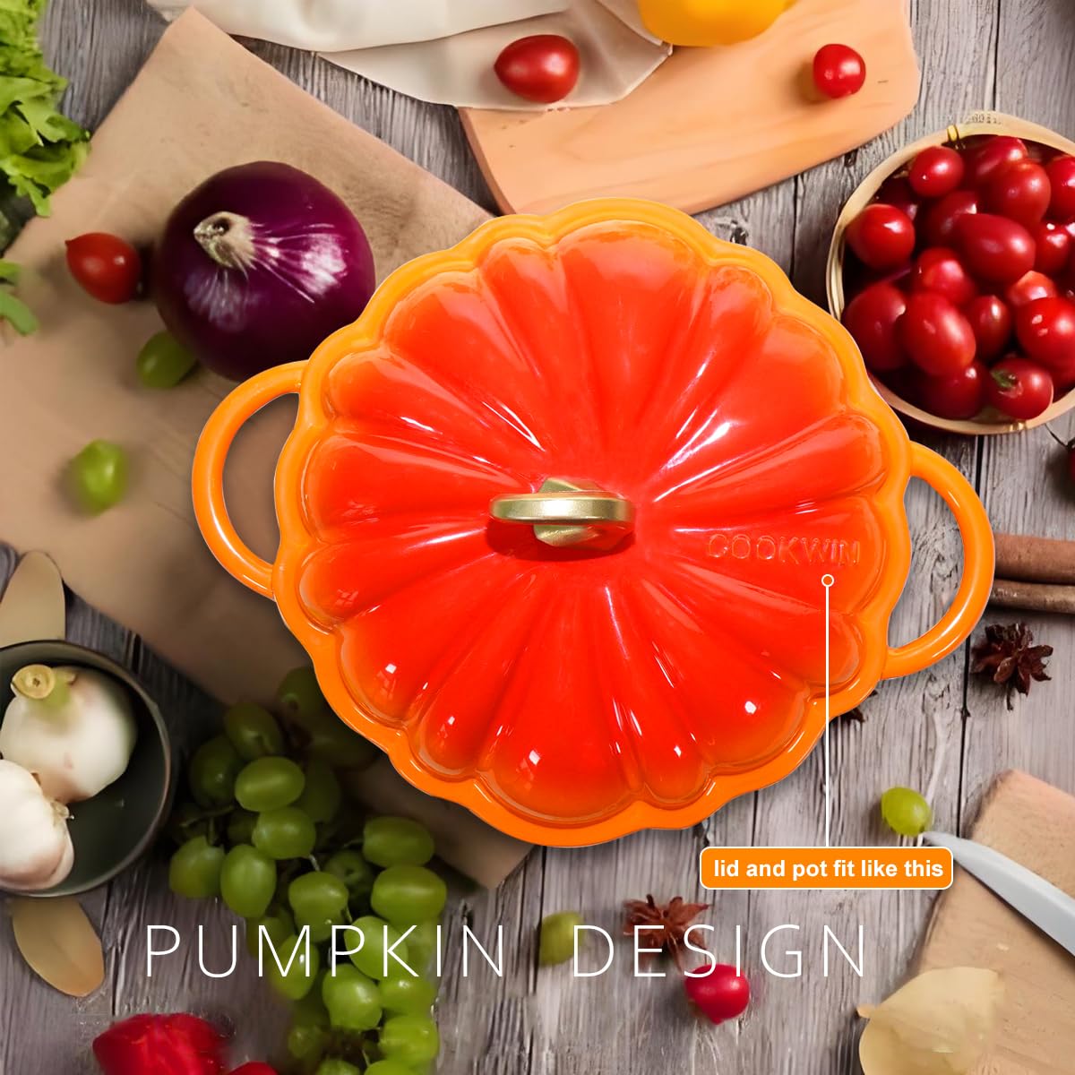Pumpkin Enameled Cast Iron Dutch Oven with Lid, 4.5 QT Heavy Duty and Dual Handles Pot, Serves 3-5 and Oven Safe for