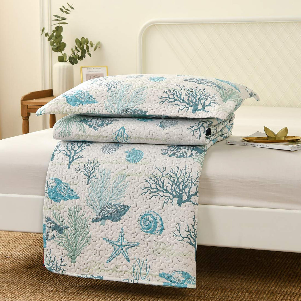 Reversible Coastal Beach Theme Quilt Set Ocean Coral Bedding Seaweed Bedspread Ocean Life Blue Green White