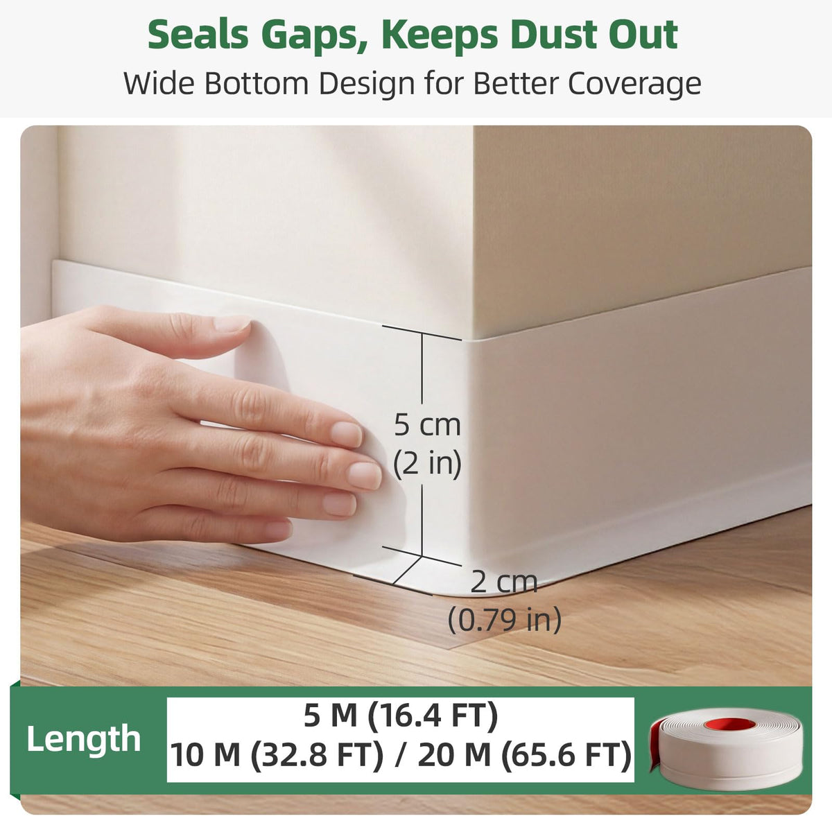 32.8ft Flexible Vinyl Baseboard Trim with Toe, Stick Wall Base