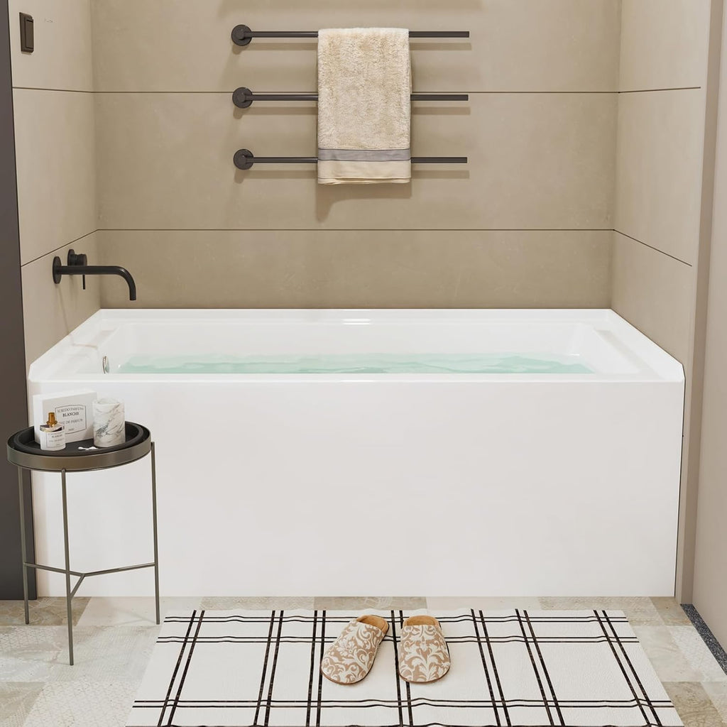 Drop-In Bathtub 60 x 30 inch Acrylic Alcove Tub with Left Hand Drain and Skirted Apron, White Soaking Tub for Bathroom Renovation, Modern Built-In Tub for Comfortable Family Bathing