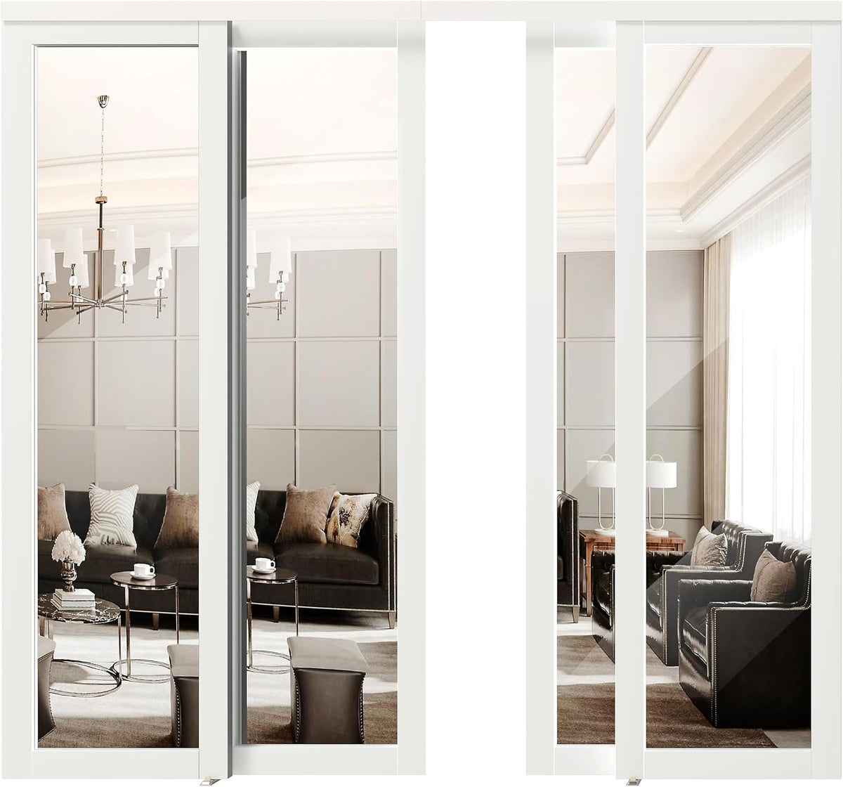 Double Sliding Closet Door, 96" x 80" (Double 48"), One Side Mirror, Complete Set with Hardware, Finished MDF, White - Ideal for Bedrooms, Closets