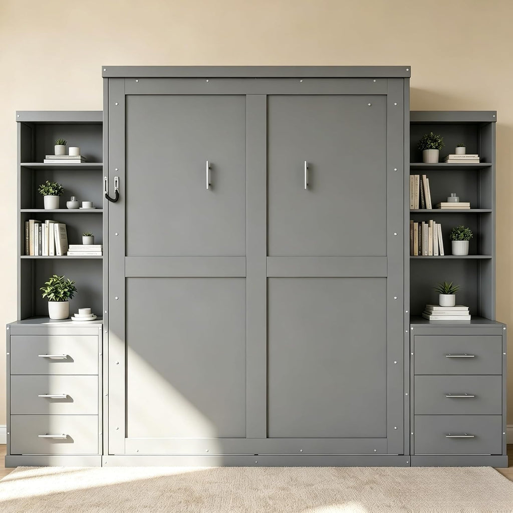 Queen Murphy Bed with Storage Shelves and Drawers, Solid Wood Foldable Hidden Vertical Murphy Wall Bed with Storage