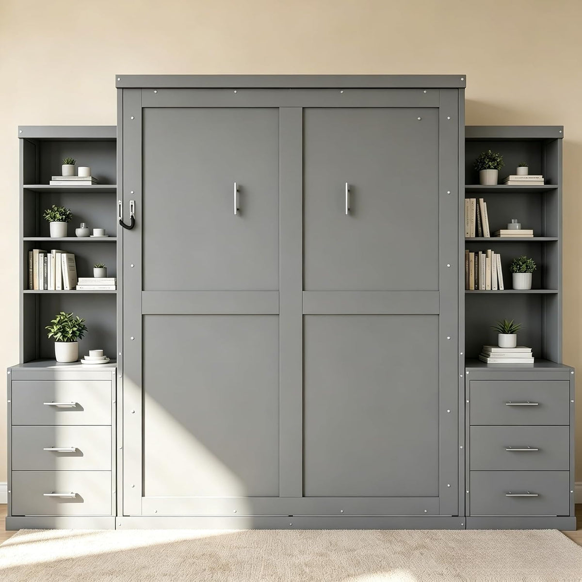 Queen Murphy Bed with Storage Shelves and Drawers, Solid Wood Foldable Hidden Vertical Murphy Wall Bed with Storage