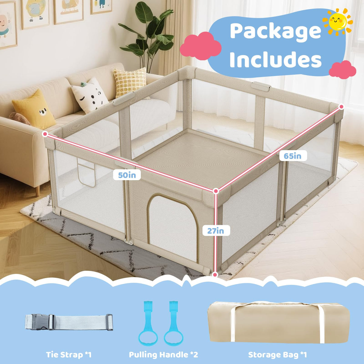 Foldable Baby Playpen 65"x50", Portable Playpen for Babies and Toddlers