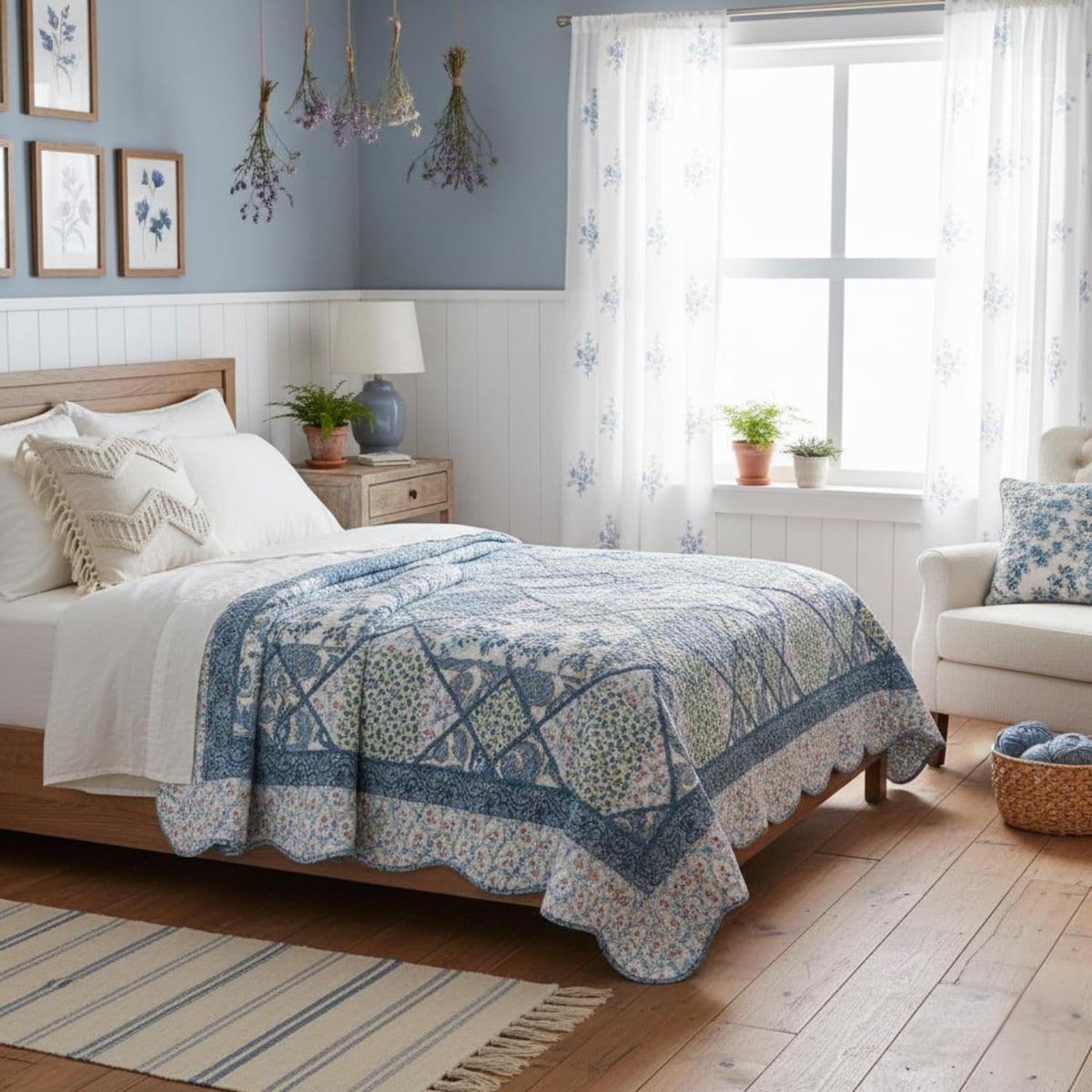 Cotton Patchwork Farmhouse Cottage Country Vintage Antique Ditsy Floral Paisley White Blue Scalloped Lightweight