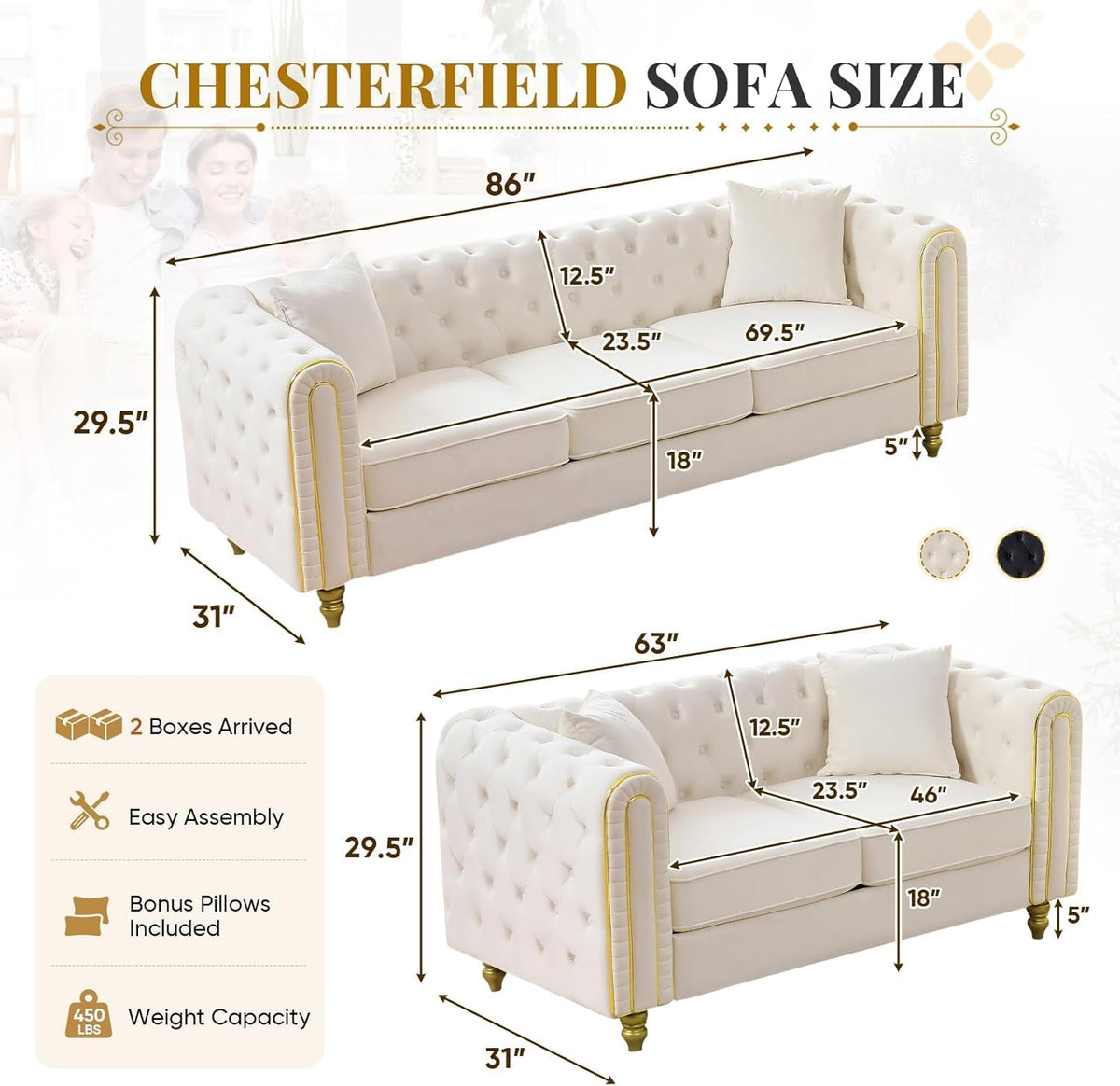 Chesterfield Button Tufted Sofa Set of 2, Modern Deep Seat Loveseat + 3 Seater Couch with Golden Legs, Upholstered