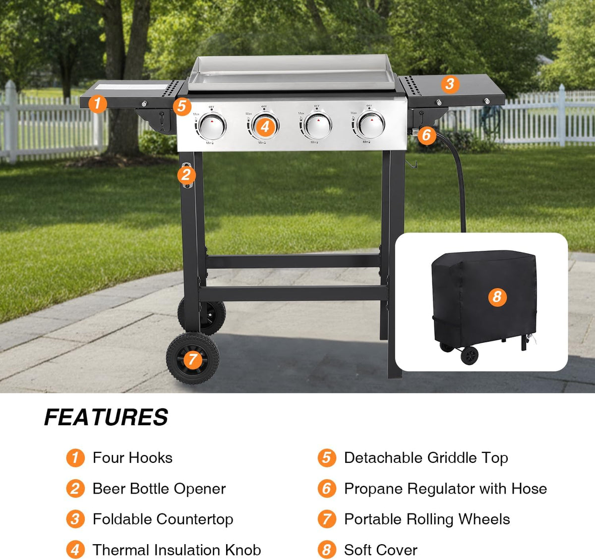 4-Burner Propane Gas Griddle, 40,000 BTU Flat Top Grill with Foldable Side Tables and Wheels, 291 Sq. In. Cooking Area