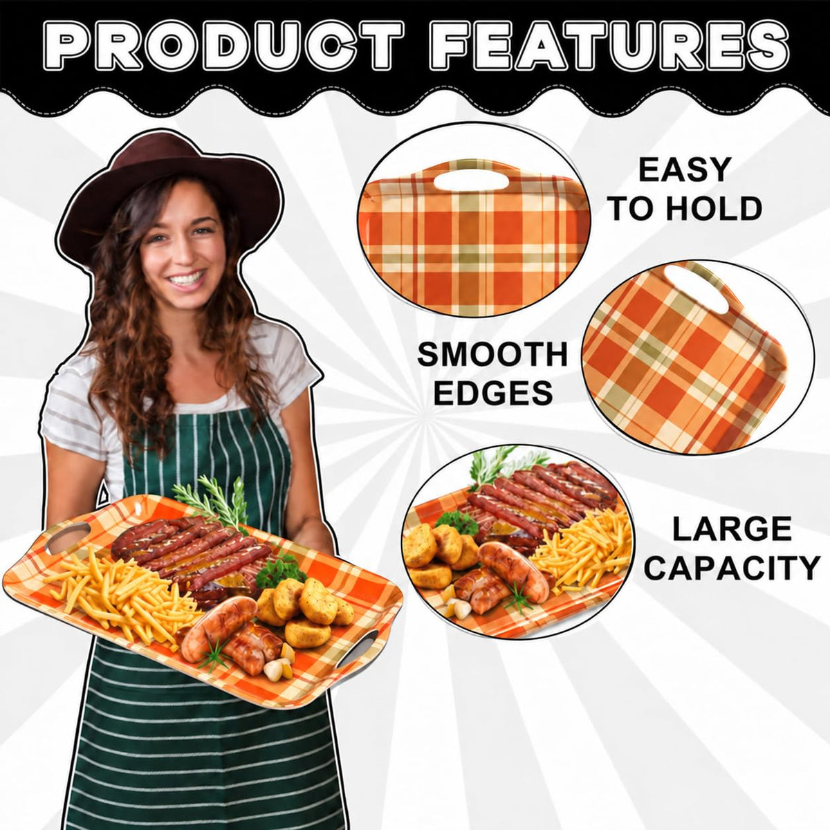 Serving Trays with Handles, Set of 2, 16 x 11.4 Inch Bamboo Fiber Rectangular Food Trays, Fall Plaid, Dishwasher Safe
