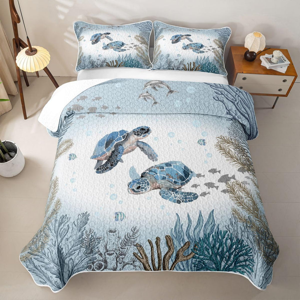 Sea Turtle Quilt Set Teal Blue Sea Coastal Lightweight Quilt Bedding Set for Summer Underwater World