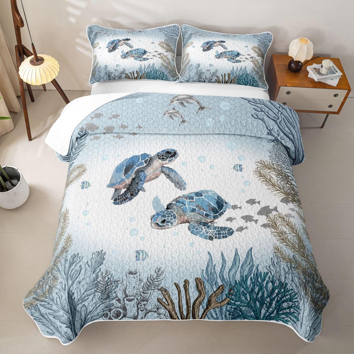 Sea Turtle Quilt Set Teal Blue Sea Coastal Lightweight Quilt Bedding Set for Summer Underwater World