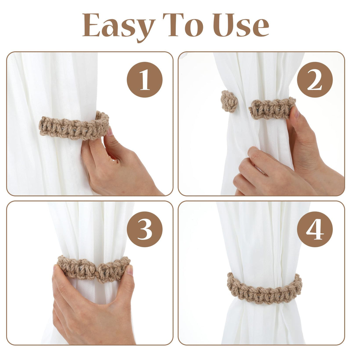 Braided Curtain Tiebacks for Drapes, Rustic Curtain Holdbacks Deco - 16 Pack