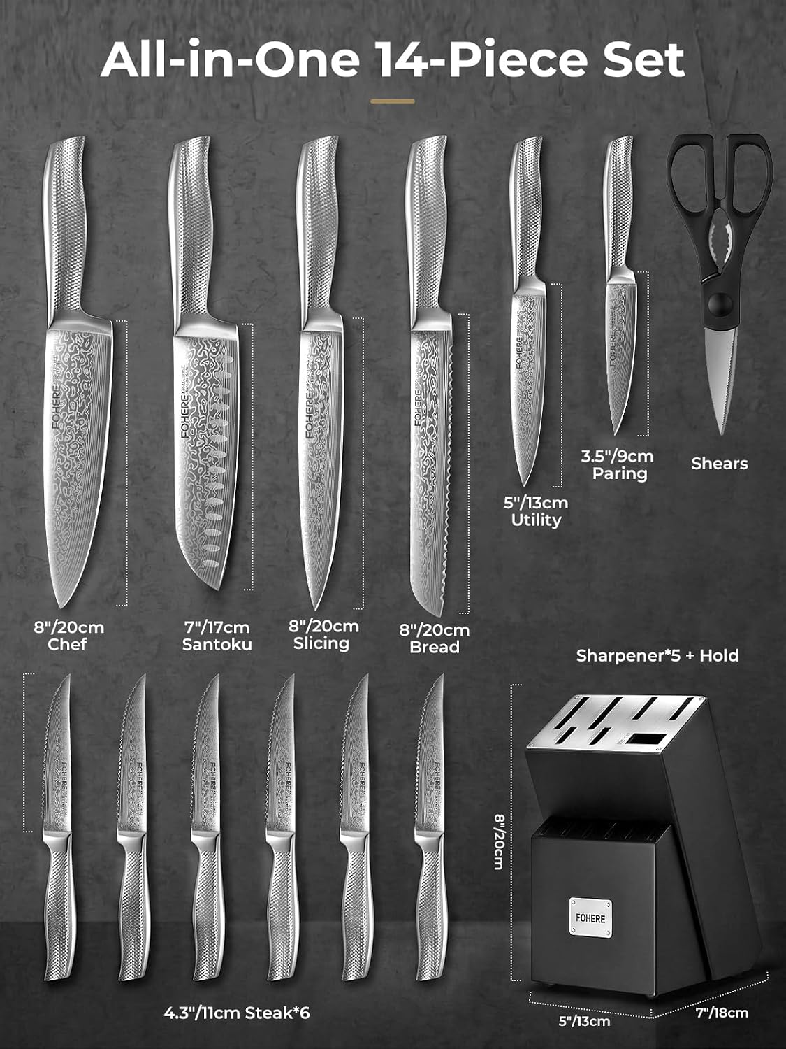 Knife Set, 14 Pieces Kitchen Knife Set with Built-in 5 x Sharpeners, Waved Texture Knife Set with Block, Stainless