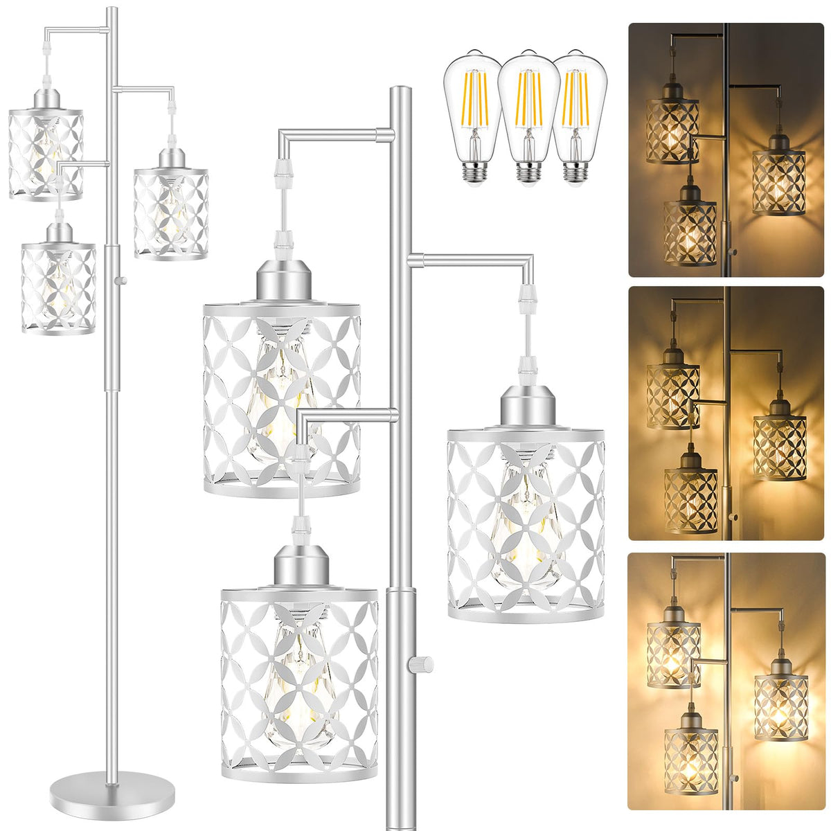 72" Modern Tree Floor Lamp, Dimmable Minimalist Tall Standing Lamp with Metal Cages & Rotary Dimmer Knob, Corner