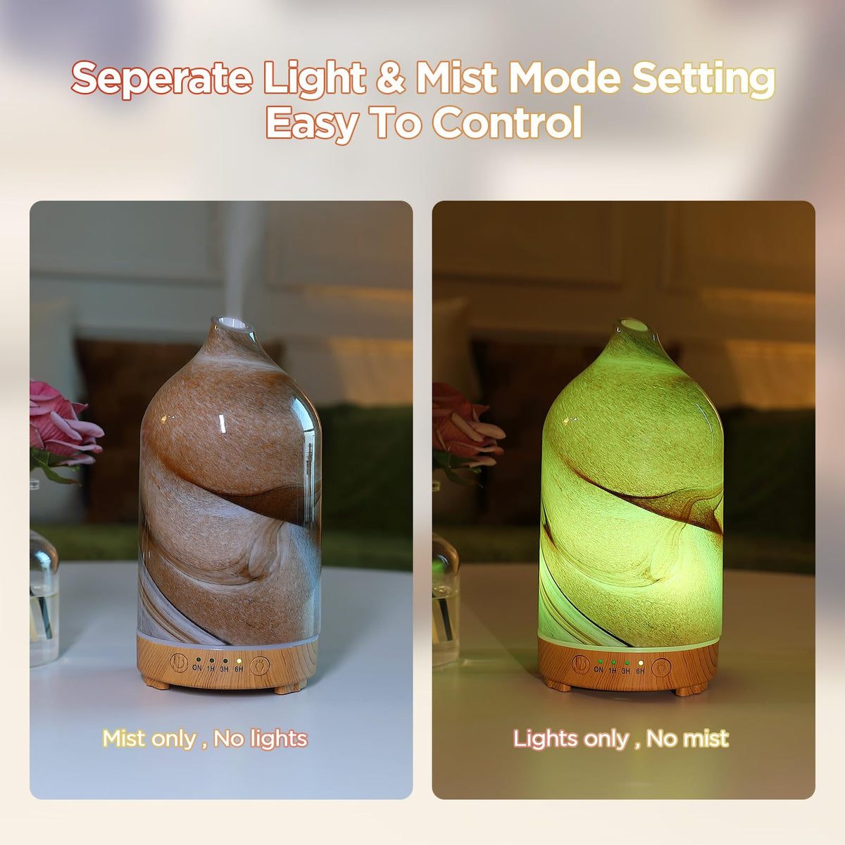 Essential Oil Diffuser Hand Blown Glass Aromatherapy Diffuser - Ultrasonic Cool Mist Scent Aroma Diffuser, Whisper