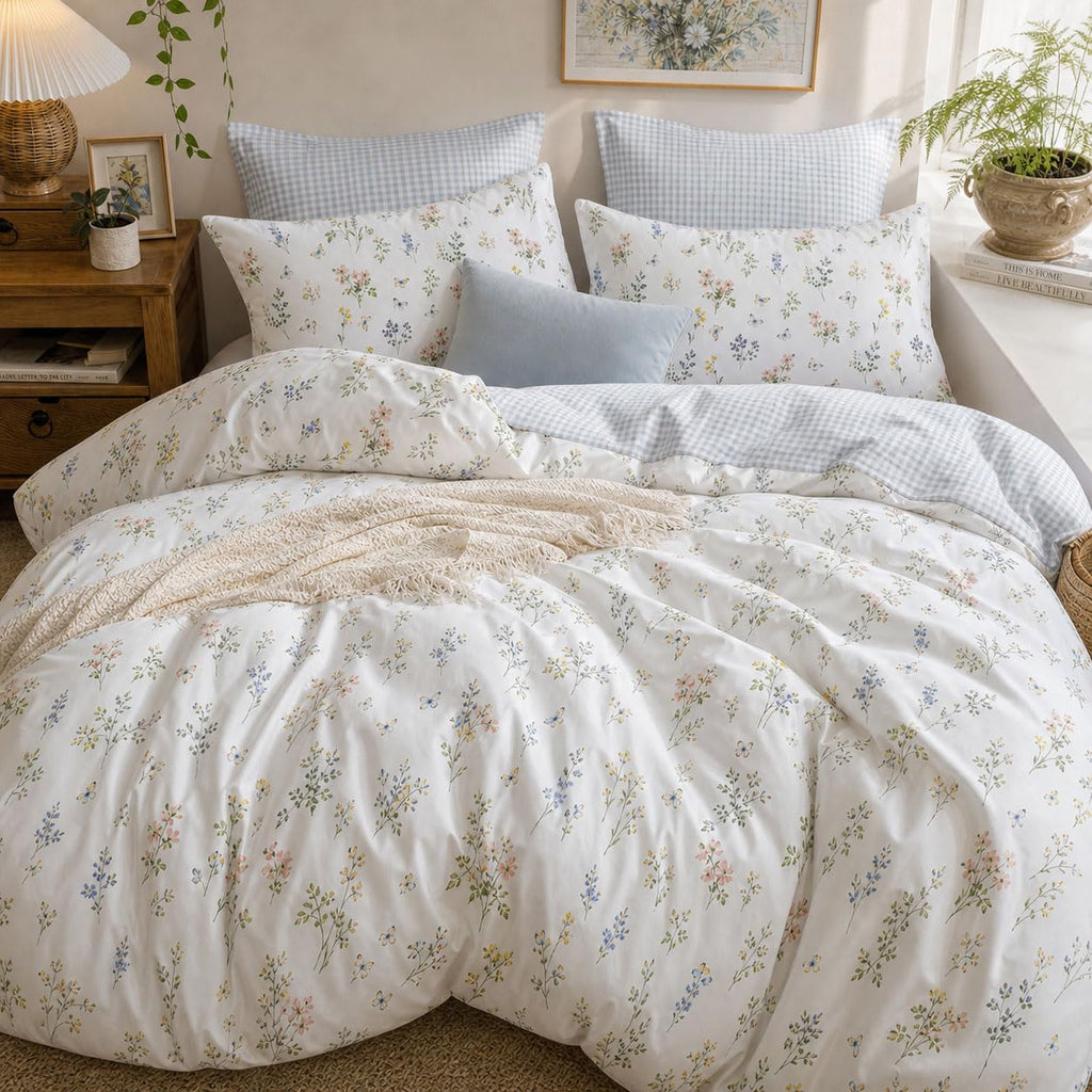 Floral Comforter Set Reversible Blue Gingham Bedding