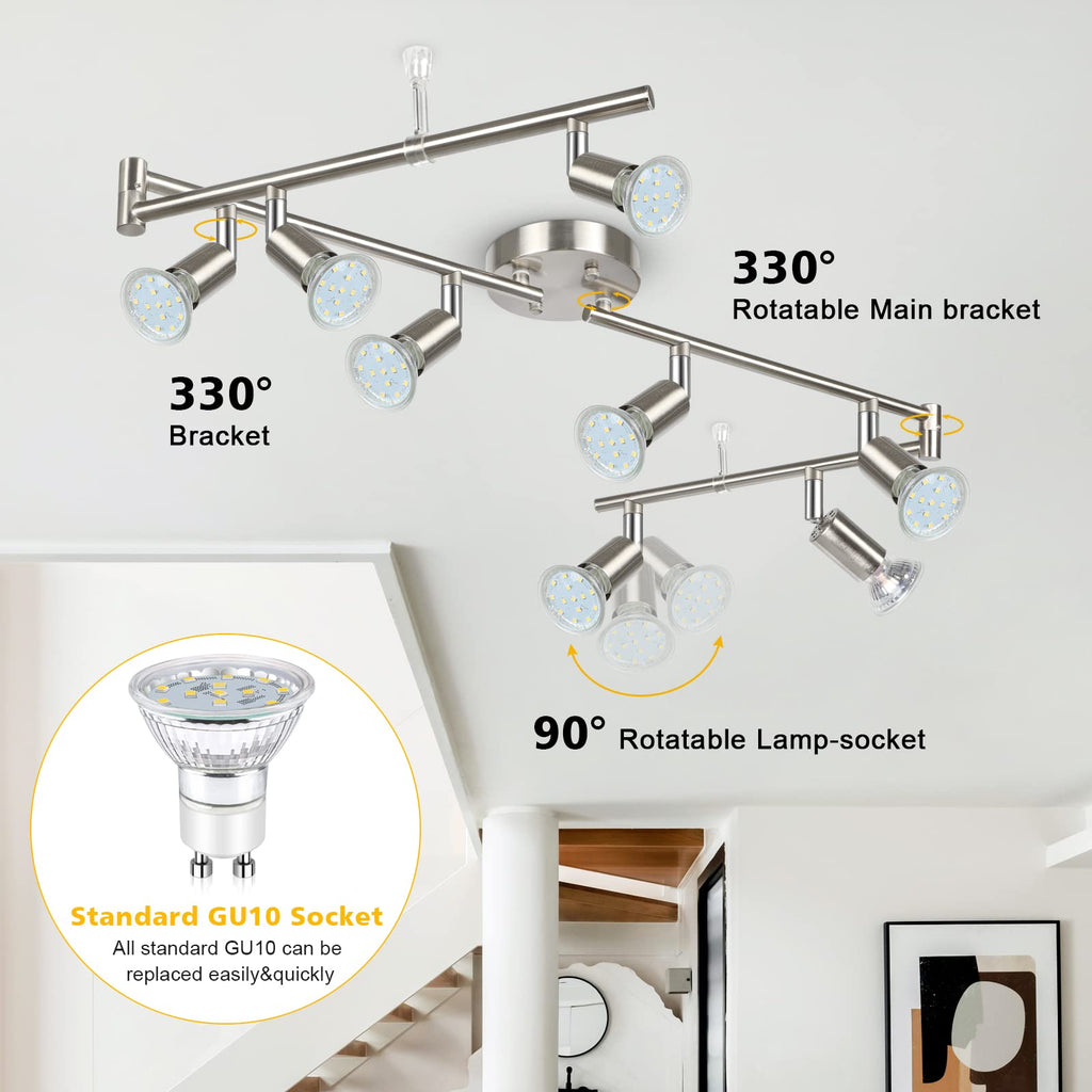 LED Track Lighting Kit, 54.13'' Matt Nickel 8 Way Ceiling Spot Lighting, Flexibly Rotatable Light Head, Modern Track