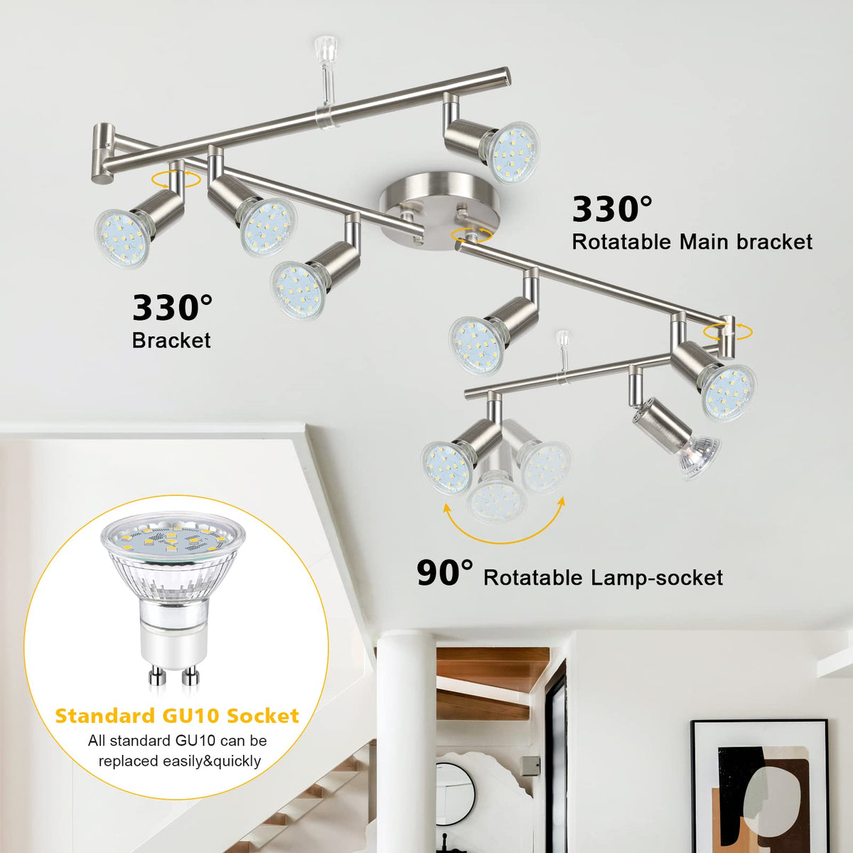 LED Track Lighting Kit, 54.13'' Matt Nickel 8 Way Ceiling Spot Lighting, Flexibly Rotatable Light Head, Modern Track
