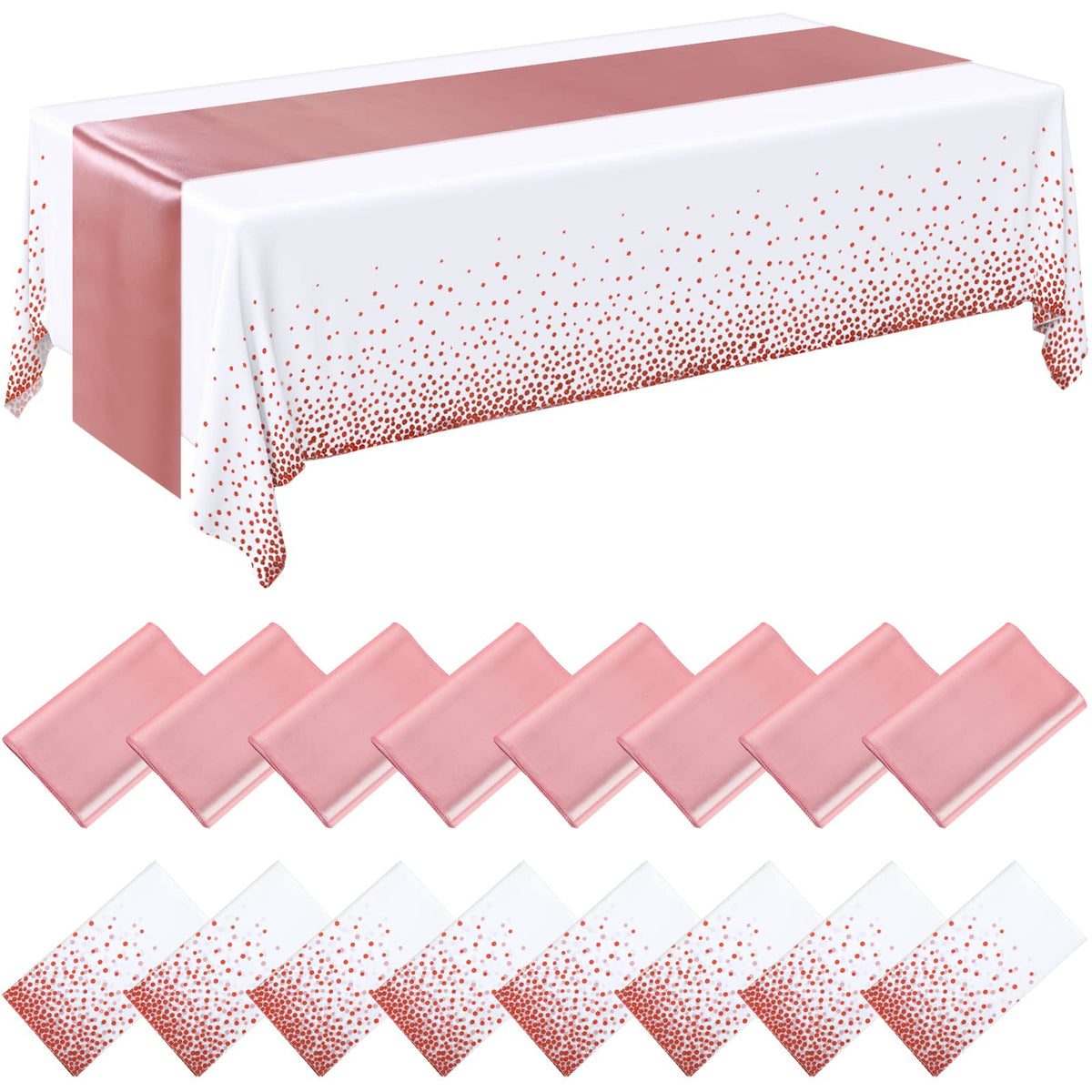 16 Pack White and Rose Gold Plastic Tablecloths Satin Runner Set