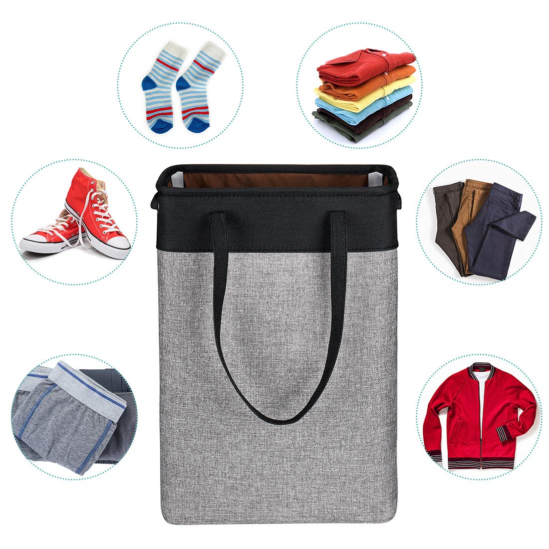 Laundry Basket with Handles Black&Grey-Slim Laundry Bin Collapsible Dirty Clothes Basket Narrow Laundry Bag Foldable