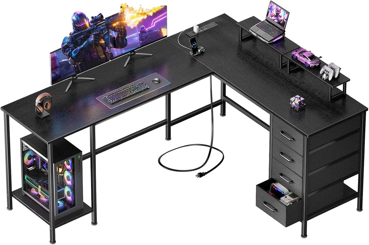 59 inch L Shaped Computer Desk with Power Outlets, Black | Ideal , Corner, 4 Adjustable Storage Drawers, 2 Monitor