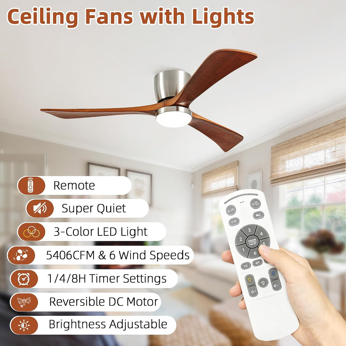 52" Modern Flush Mount Ceiling Fan with Light, 3 Wood Blades, Brushed Nickel, Dimmable LED, Remote