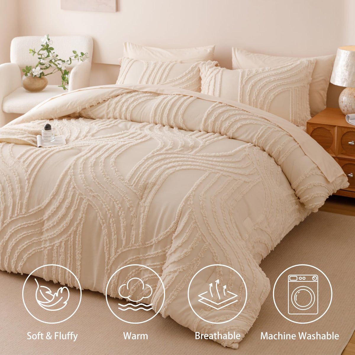 Beige Comforter Set - 7 Pieces Bed in a Bag, Premium Comforters Bed Set Tufted Shabby Chic Bedding
