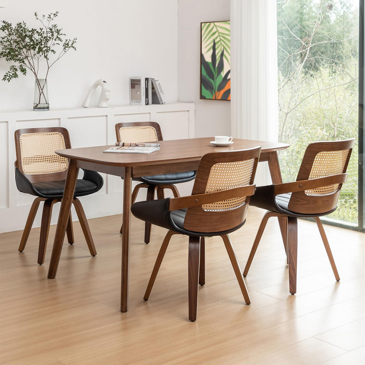 Set of 4 Kitchen & Dining Room Chairs - Swivel Dining Chairs with Cane Back, Walnut Bentwood Frame, Faux Leather