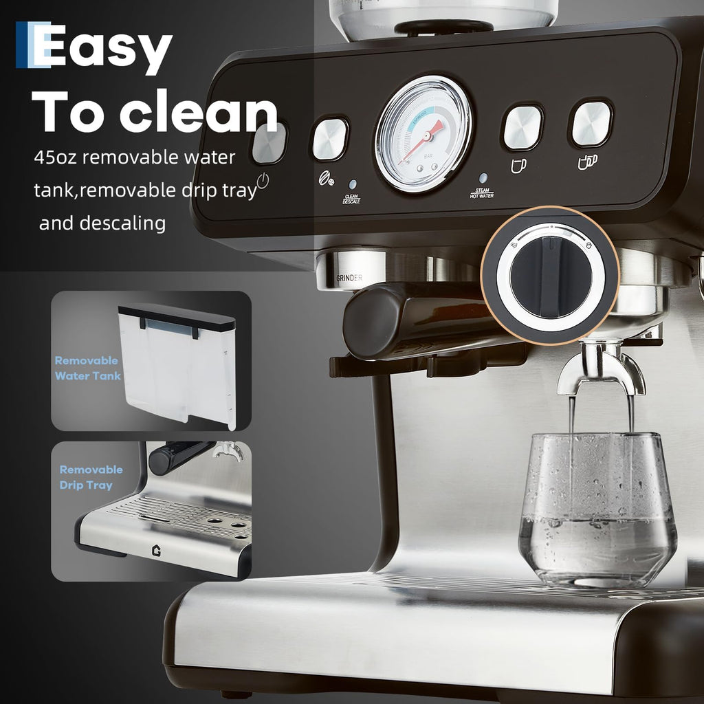20 Bar Espresso Machine with Grinder & Steam Wand, Stainless Coffee Maker